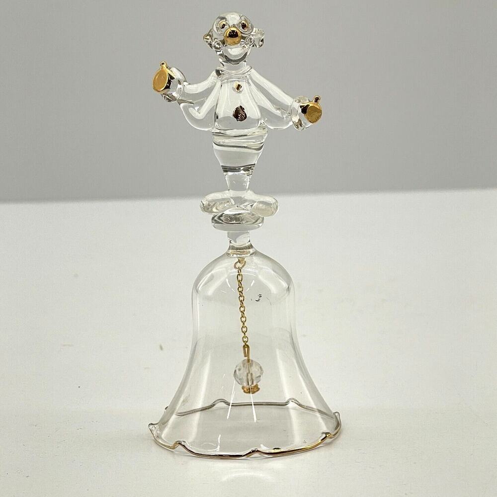 Clear Glass Lead Crystal Dinner Bell w/ Clown on Top Gold Accent 5 inch Tall